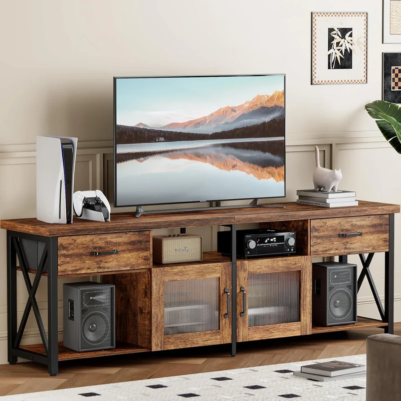 Generisch TV Lowboard Industrial Stil, Braun, 180 cm, Holz & Metall, für 60–70 Zoll Fernseherh
