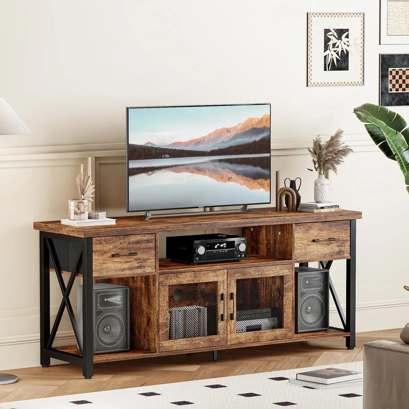 Generisch TV Lowboard Industrial Stil, Braun, 180 cm, Holz & Metall, für 60–70 Zoll Fernseherh