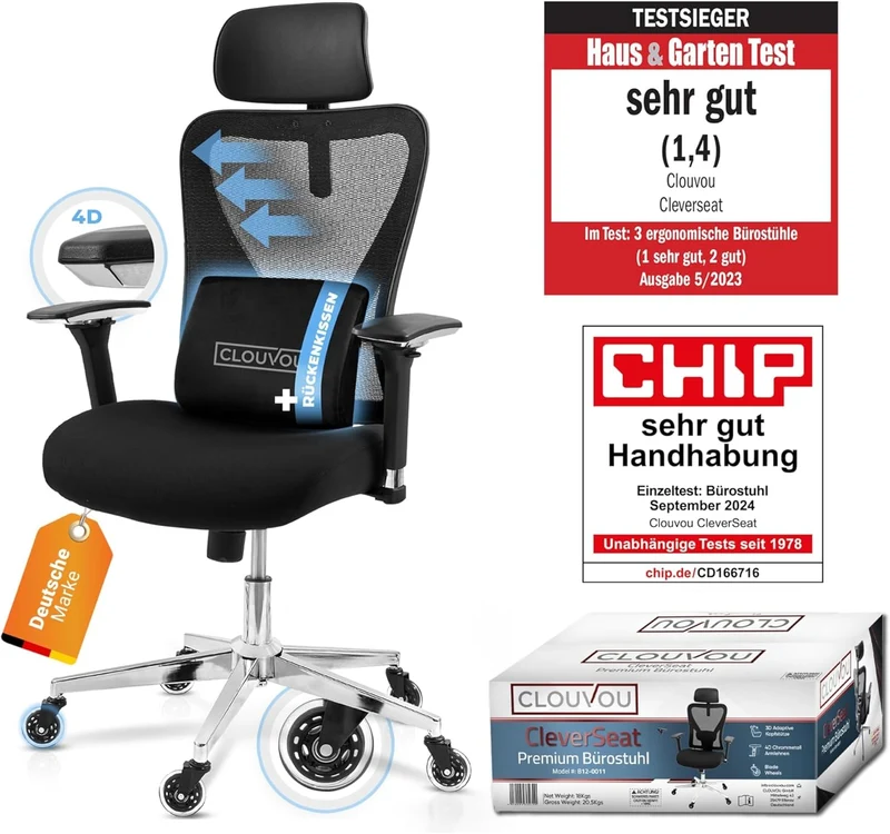 CLOUVOU CleverSeat Ergonomischer Bürostuhl – Verstellbar, bis 150 kgh
