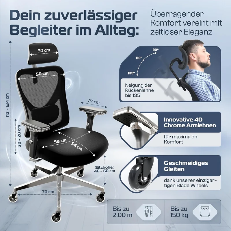 CLOUVOU CleverSeat Ergonomischer Bürostuhl – Verstellbar, bis 150 kgh