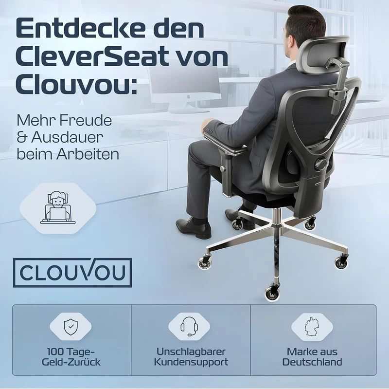 CLOUVOU CleverSeat Ergonomischer Bürostuhl – Verstellbar, bis 150 kgh