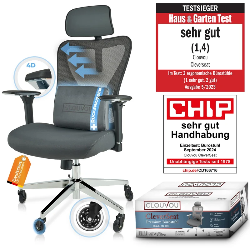 CLOUVOU CleverSeat Ergonomischer Bürostuhl – Verstellbar, bis 150 kgh