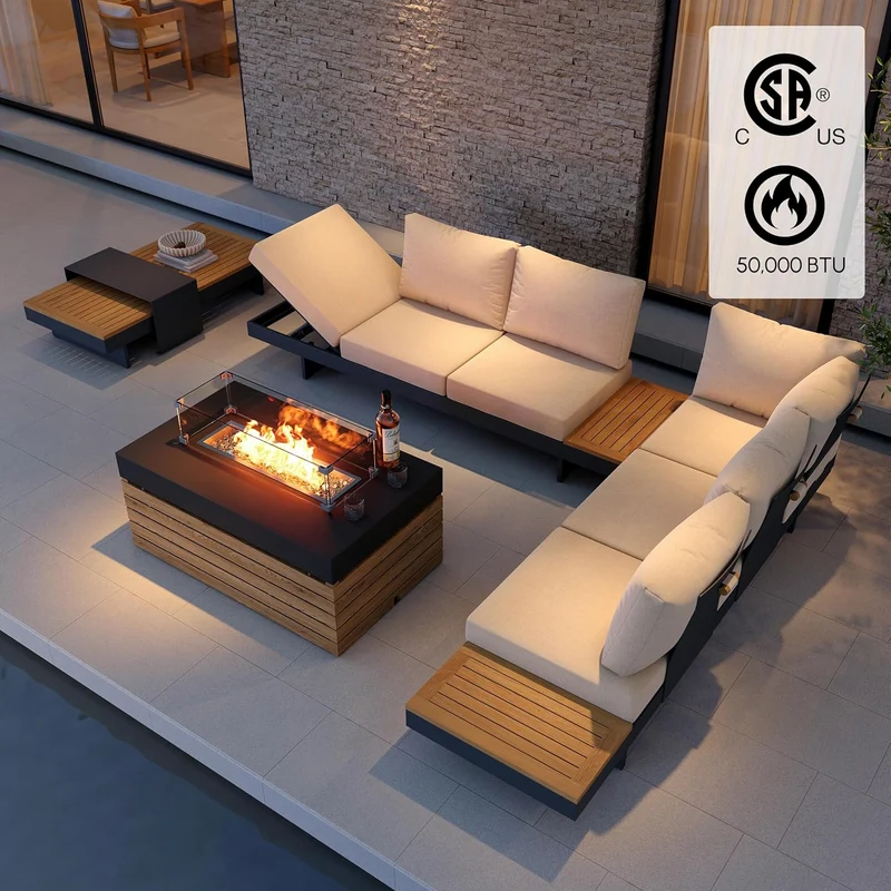 Homary 6-teiliges Outdoor Sofa Set – Aluminium & Teak Gartenlounge mit Feuerstelle, modular, wetterfesth