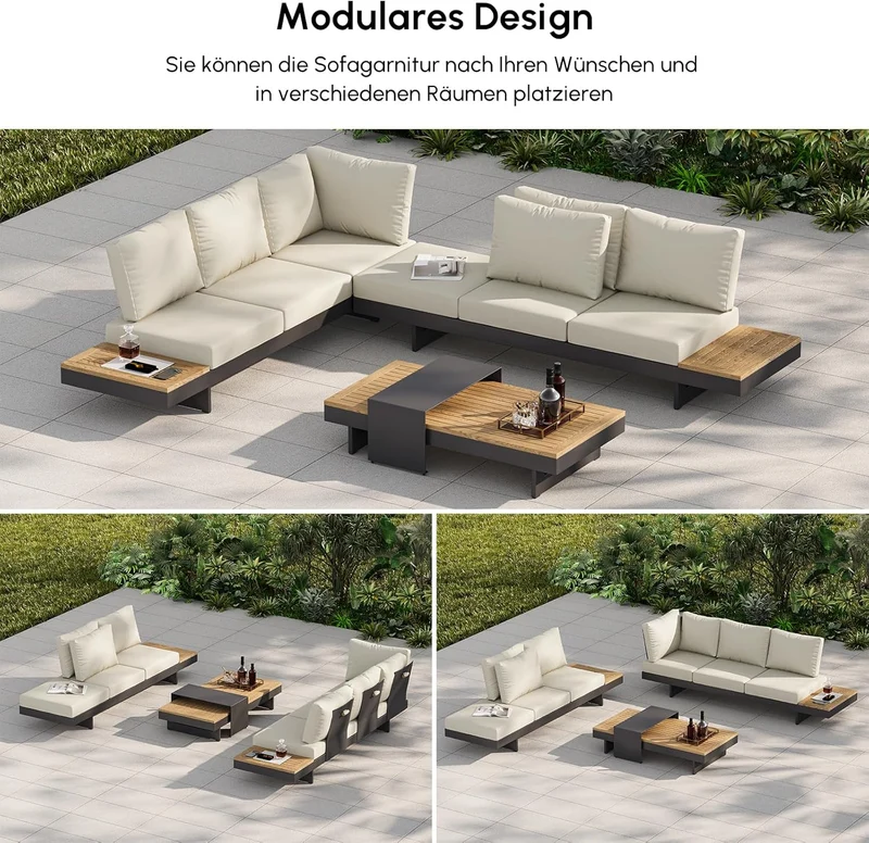 Homary 6-teiliges Outdoor Sofa Set – Aluminium & Teak Gartenlounge mit Feuerstelle, modular, wetterfesth