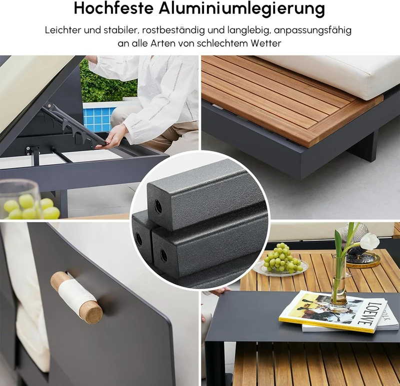Homary 6-teiliges Outdoor Sofa Set – Aluminium & Teak Gartenlounge mit Feuerstelle, modular, wetterfesth