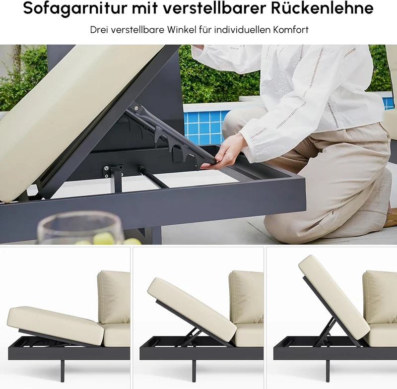 Homary 6-teiliges Outdoor Sofa Set – Aluminium & Teak Gartenlounge mit Feuerstelle, modular, wetterfesth
