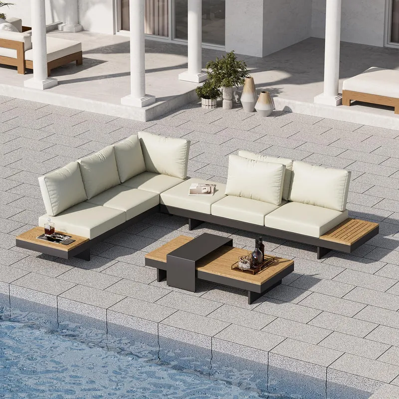 Homary 6-teiliges Outdoor Sofa Set – Aluminium & Teak Gartenlounge mit Feuerstelle, modular, wetterfesth