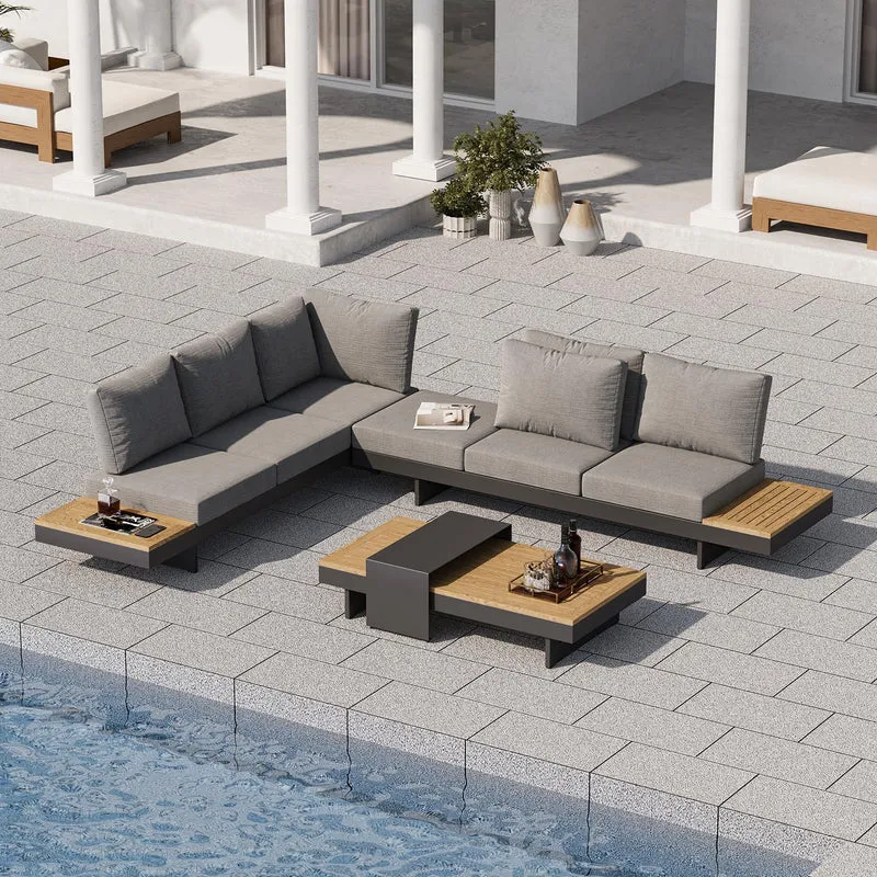 Homary 6-teiliges Outdoor Sofa Set – Aluminium & Teak Gartenlounge mit Feuerstelle, modular, wetterfesth