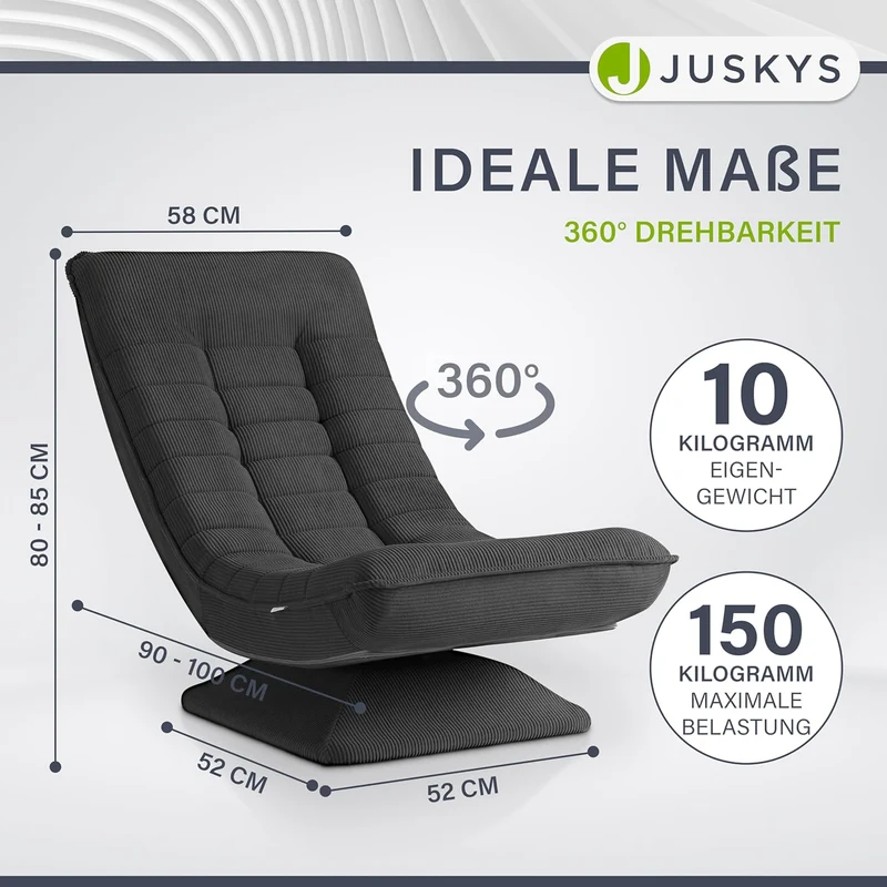 JUSKYS Relaxsessel Korsika, Cord, 360° drehbar & klappbar, Dunkelgrau, Metallrahmenh
