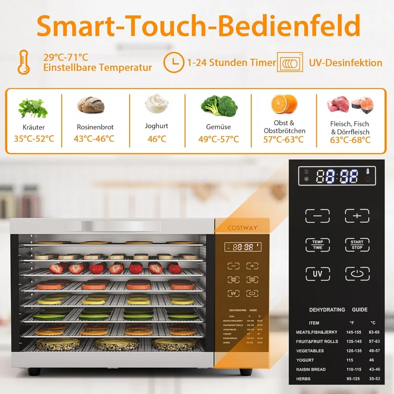 COSTWAY Dehydrator with 8 Grid Trays, 620W Dehydrator 30-70°C Temperature Control & 24H Timer, Overheating & Overload Protection, Food Dryer for Fruit, Meat, Vegetables