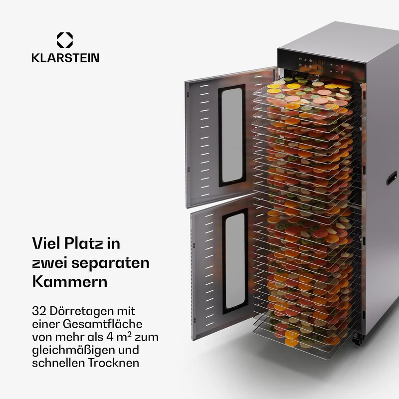 Klarstein Dörrautomat Edelstahl – 4.000-W-Dörrgerät, 48 Edelstahl-Einlegeböden, 30–90 °C, 24-Stunden-Timer, 6 Ventilatoren, 2 Trockenkammern, 50–55 dB, ideal für Obst, Gemüse, Fleisch, Kräuter, Silber