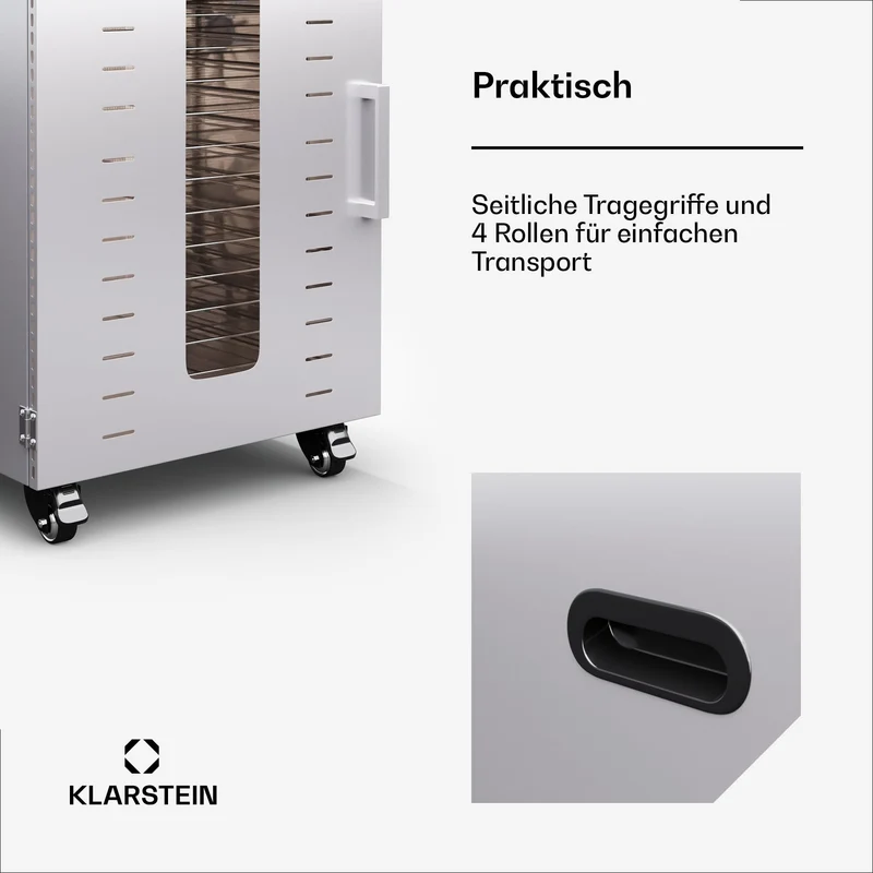 Klarstein Dörrautomat Edelstahl – 4.000-W-Dörrgerät, 48 Edelstahl-Einlegeböden, 30–90 °C, 24-Stunden-Timer, 6 Ventilatoren, 2 Trockenkammern, 50–55 dB, ideal für Obst, Gemüse, Fleisch, Kräuter, Silber