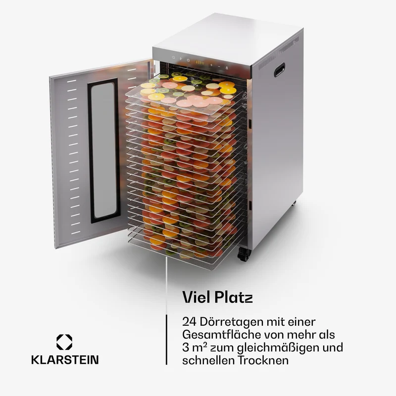 Klarstein Dörrautomat Edelstahl – 4.000-W-Dörrgerät, 48 Edelstahl-Einlegeböden, 30–90 °C, 24-Stunden-Timer, 6 Ventilatoren, 2 Trockenkammern, 50–55 dB, ideal für Obst, Gemüse, Fleisch, Kräuter, Silber
