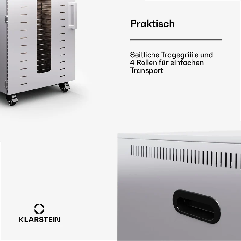 Klarstein Dörrautomat Edelstahl – 4.000-W-Dörrgerät, 48 Edelstahl-Einlegeböden, 30–90 °C, 24-Stunden-Timer, 6 Ventilatoren, 2 Trockenkammern, 50–55 dB, ideal für Obst, Gemüse, Fleisch, Kräuter, Silber