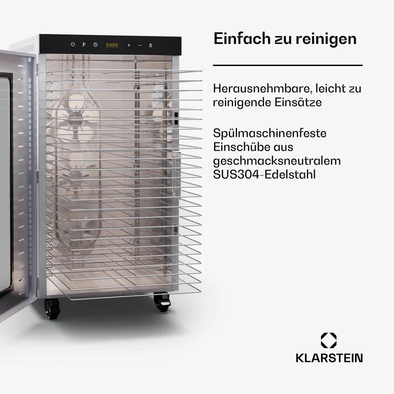 Klarstein Dörrautomat Edelstahl – 4.000-W-Dörrgerät, 48 Edelstahl-Einlegeböden, 30–90 °C, 24-Stunden-Timer, 6 Ventilatoren, 2 Trockenkammern, 50–55 dB, ideal für Obst, Gemüse, Fleisch, Kräuter, Silber