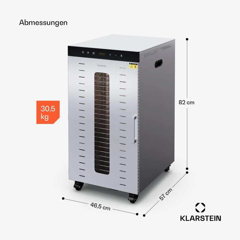 Klarstein Dörrautomat Edelstahl – 4.000-W-Dörrgerät, 48 Edelstahl-Einlegeböden, 30–90 °C, 24-Stunden-Timer, 6 Ventilatoren, 2 Trockenkammern, 50–55 dB, ideal für Obst, Gemüse, Fleisch, Kräuter, Silber