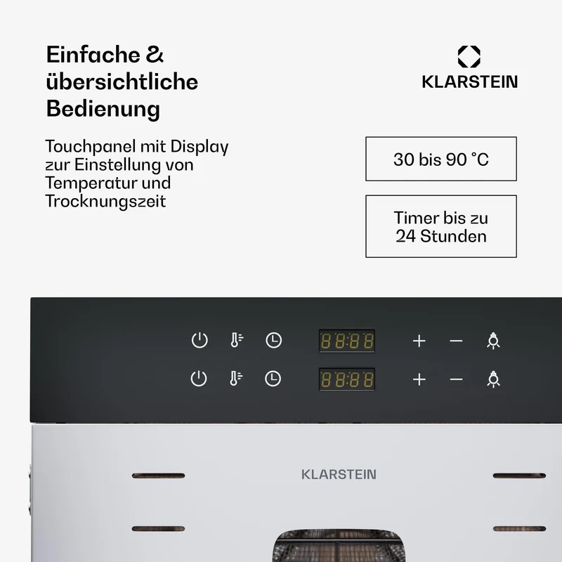 Klarstein Dörrautomat Edelstahl – 4.000-W-Dörrgerät, 48 Edelstahl-Einlegeböden, 30–90 °C, 24-Stunden-Timer, 6 Ventilatoren, 2 Trockenkammern, 50–55 dB, ideal für Obst, Gemüse, Fleisch, Kräuter, Silber