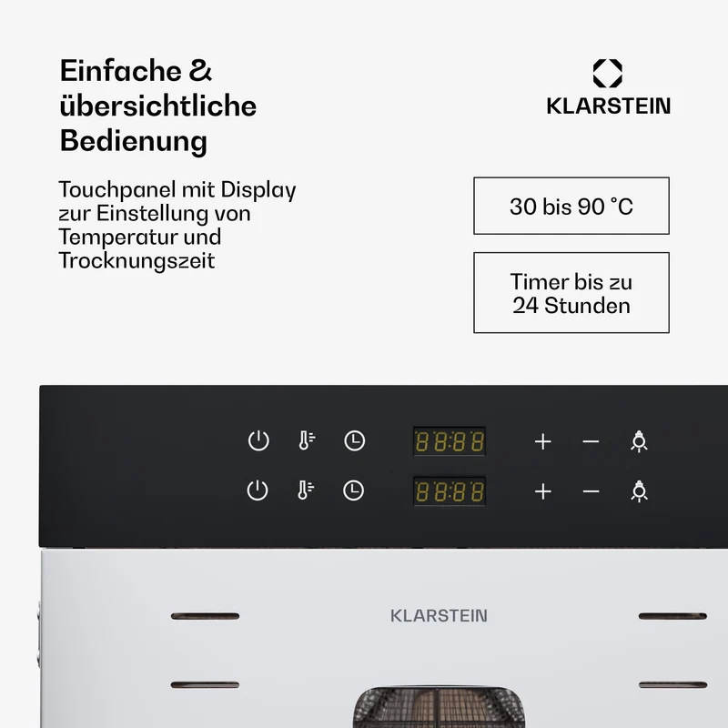 Klarstein Dörrautomat Edelstahl – 4.000-W-Dörrgerät, 48 Edelstahl-Einlegeböden, 30–90 °C, 24-Stunden-Timer, 6 Ventilatoren, 2 Trockenkammern, 50–55 dB, ideal für Obst, Gemüse, Fleisch, Kräuter, Silber