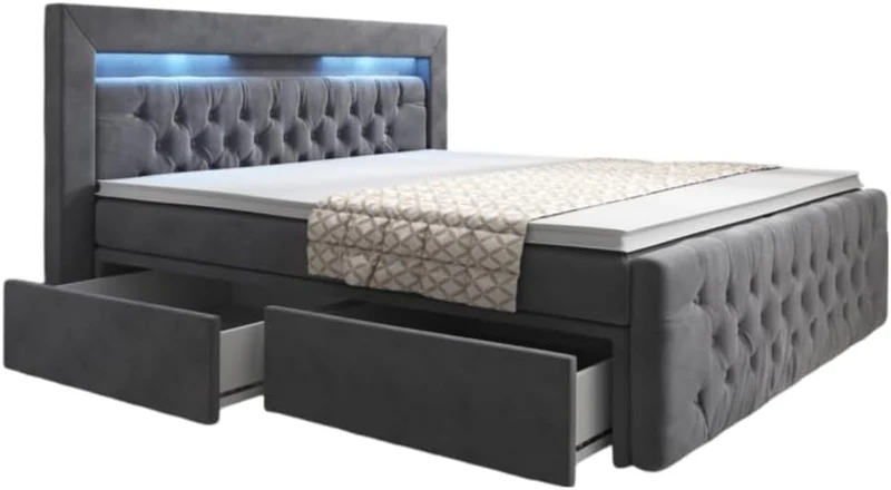 Luxusbetten24 Boxspringbett Menzogna Doppelbett 140x200-200x200 cm, Polsterbett mit LED-Beleuchtung, Stauraum & Samtbezug, H3 Schlafkomforth