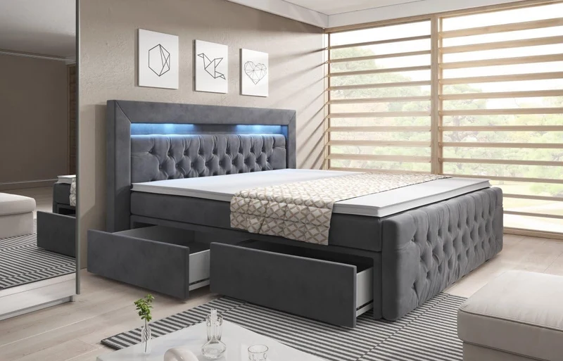 Luxusbetten24 Boxspringbett Menzogna Doppelbett 140x200-200x200 cm, Polsterbett mit LED-Beleuchtung, Stauraum & Samtbezug, H3 Schlafkomforth