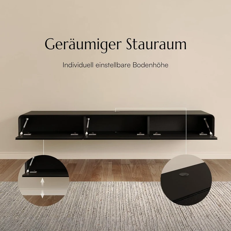 POVISON Schwebendes TV-Lowboard aus Massivholz – Modernes Hängeschrank-TV-Möbel mit Stauraum & Kabelmanagementh