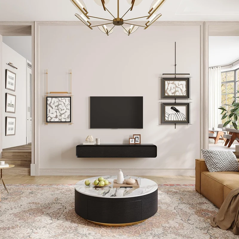 POVISON Schwebendes TV-Lowboard aus Massivholz – Modernes Hängeschrank-TV-Möbel mit Stauraum & Kabelmanagementh