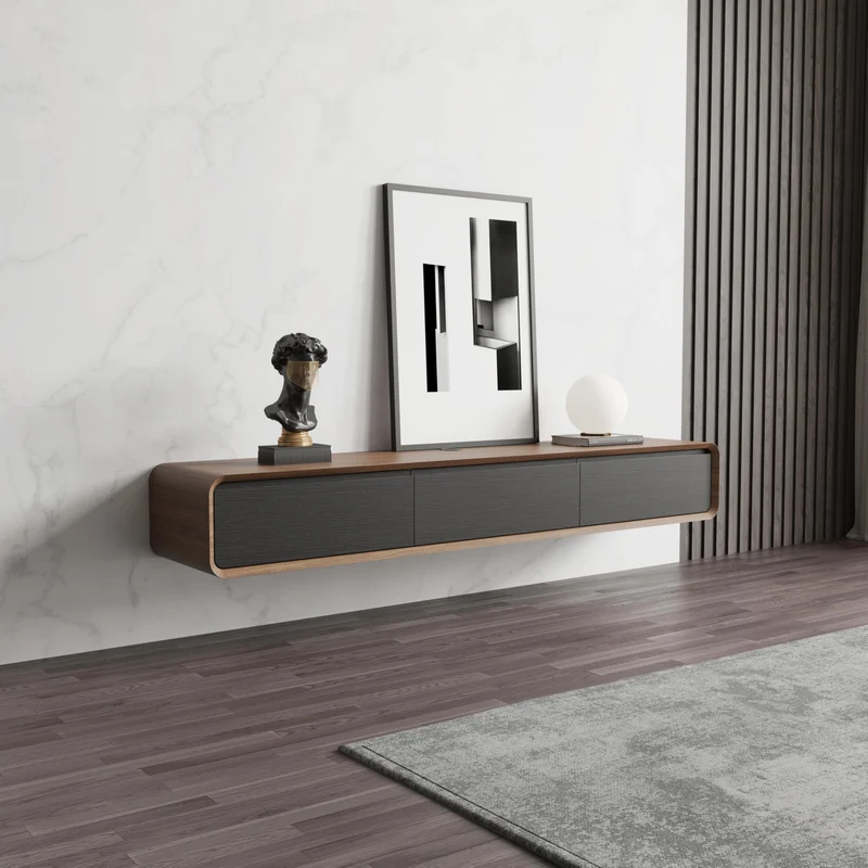 POVISON Schwebendes TV-Lowboard aus Massivholz – Modernes Hängeschrank-TV-Möbel mit Stauraum & Kabelmanagementh