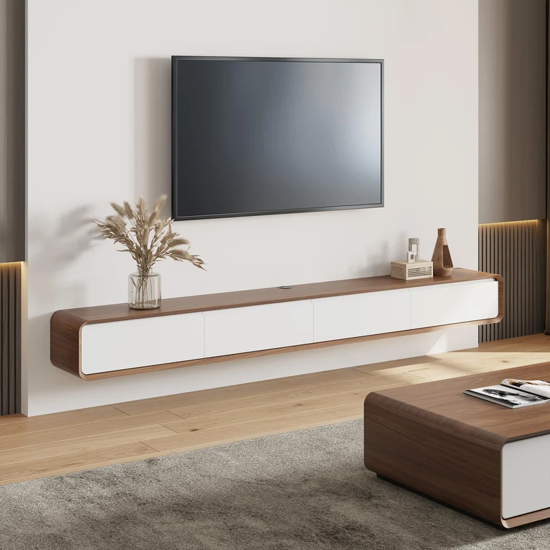 POVISON Schwebendes TV-Lowboard aus Massivholz – Modernes Hängeschrank-TV-Möbel mit Stauraum & Kabelmanagementh