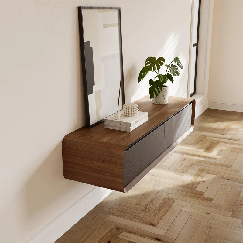 POVISON Schwebendes TV-Lowboard aus Massivholz – Modernes Hängeschrank-TV-Möbel mit Stauraum & Kabelmanagementh