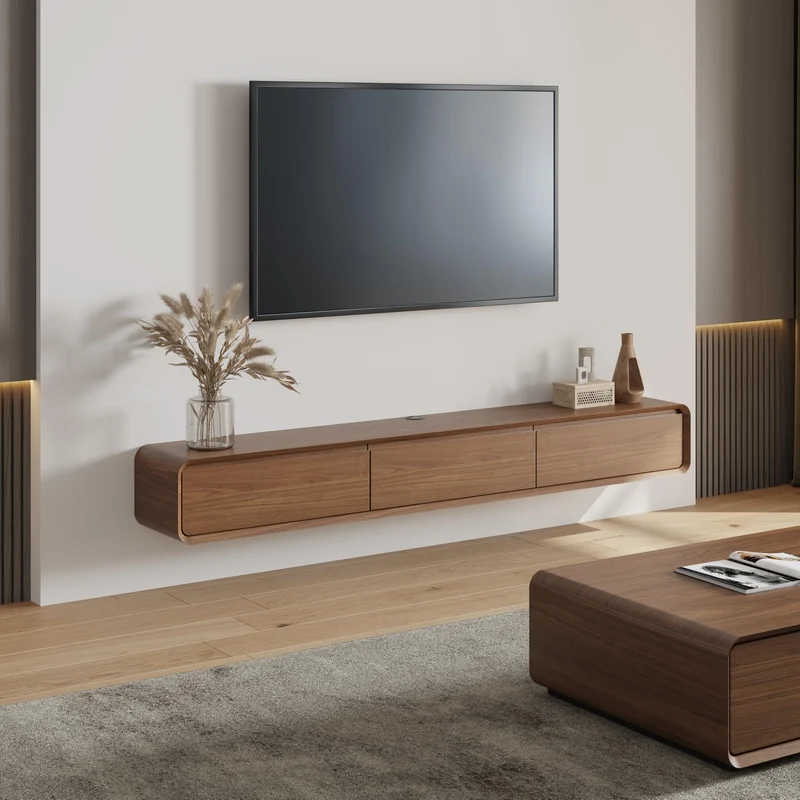 POVISON Schwebendes TV-Lowboard aus Massivholz – Modernes Hängeschrank-TV-Möbel mit Stauraum & Kabelmanagementh