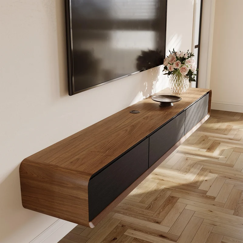 POVISON Schwebendes TV-Lowboard aus Massivholz – Modernes Hängeschrank-TV-Möbel mit Stauraum & Kabelmanagementh
