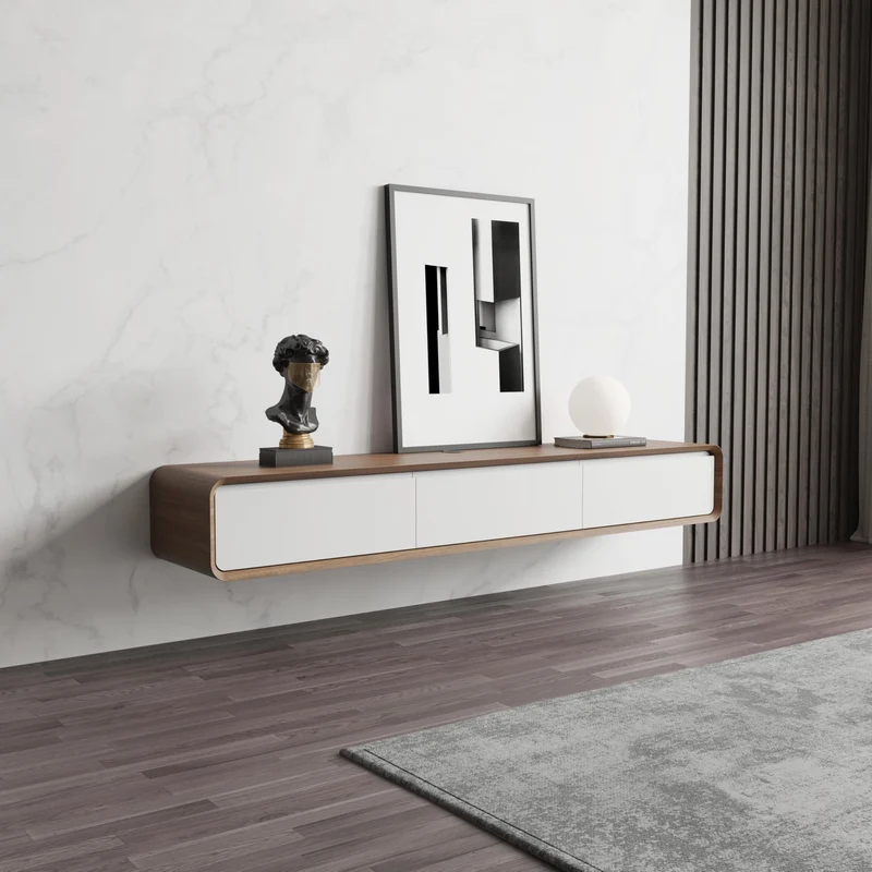 POVISON Schwebendes TV-Lowboard aus Massivholz – Modernes Hängeschrank-TV-Möbel mit Stauraum & Kabelmanagementh