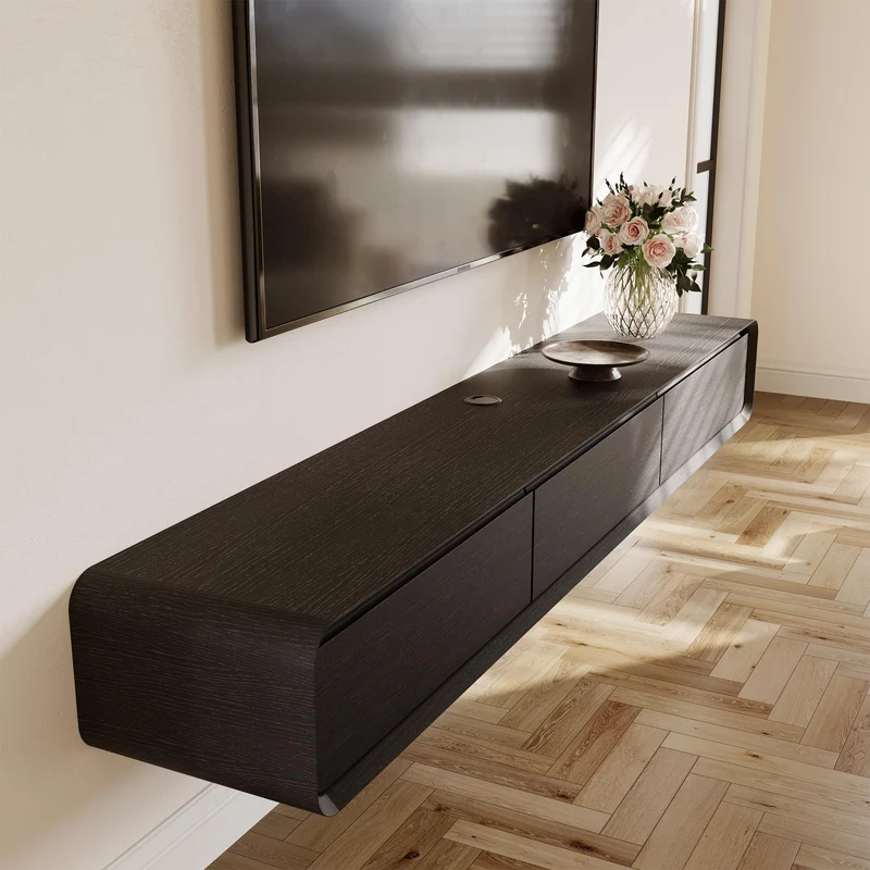 POVISON Schwebendes TV-Lowboard aus Massivholz – Modernes Hängeschrank-TV-Möbel mit Stauraum & Kabelmanagementh