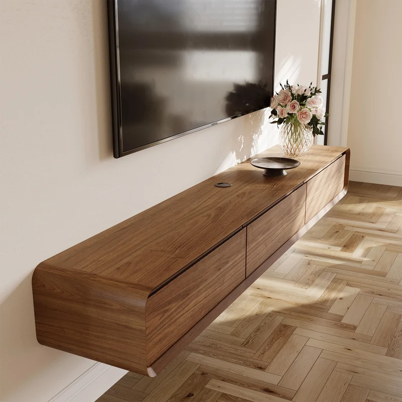 POVISON Schwebendes TV-Lowboard aus Massivholz – Modernes Hängeschrank-TV-Möbel mit Stauraum & Kabelmanagementh
