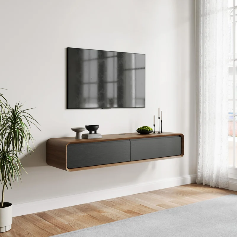 POVISON Schwebendes TV-Lowboard aus Massivholz – Modernes Hängeschrank-TV-Möbel mit Stauraum & Kabelmanagementh