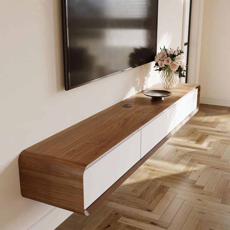 POVISON Schwebendes TV-Lowboard aus Massivholz – Modernes Hängeschrank-TV-Möbel mit Stauraum & Kabelmanagementh