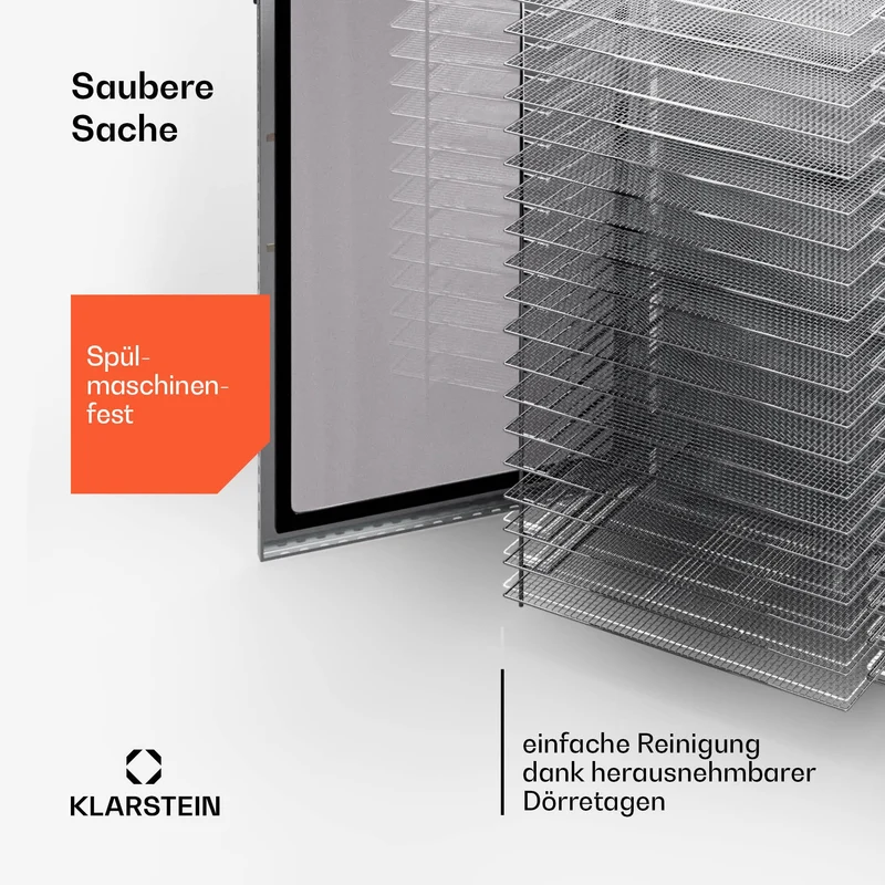 Klarstein Dörrgerät, Dörrautomat für Gemüse, Obst, Pilze & Fleisch, 1500W Edelstahl-Dörrautomat, Trockenautomat mit 16 Metallgitter, Dörrgerät mit 24H Timer & Touch-Display, Food Dehydrator