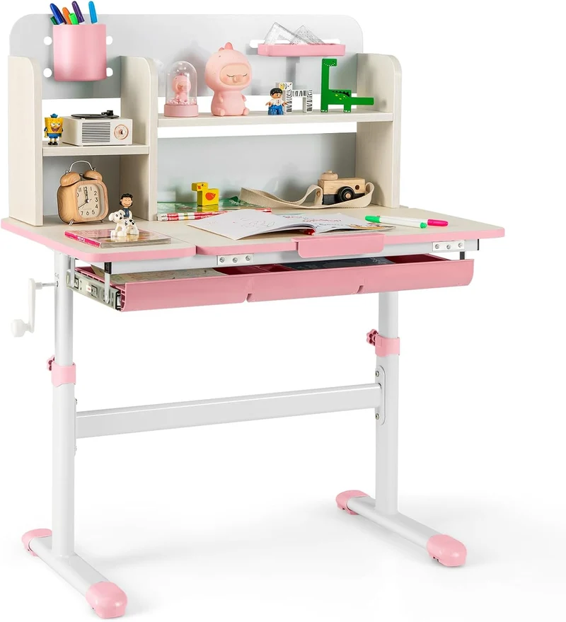 COSTWAY Kinder Schreibtisch höhenverstellbar - neigbare Tischplatte, Regal & Schubladeh