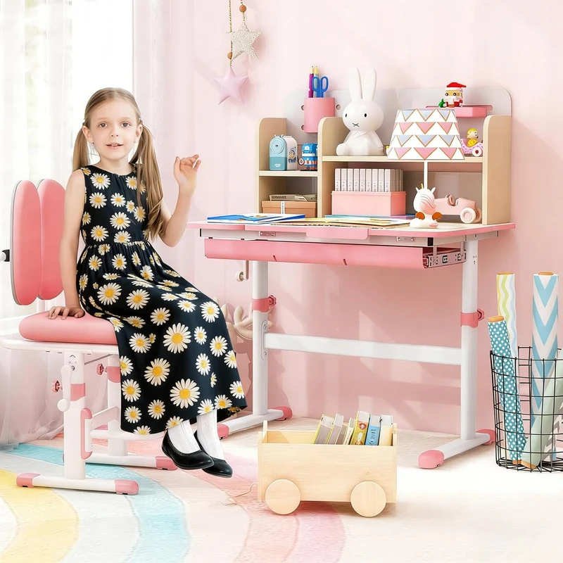 COSTWAY Kinder Schreibtisch höhenverstellbar - neigbare Tischplatte, Regal & Schubladeh
