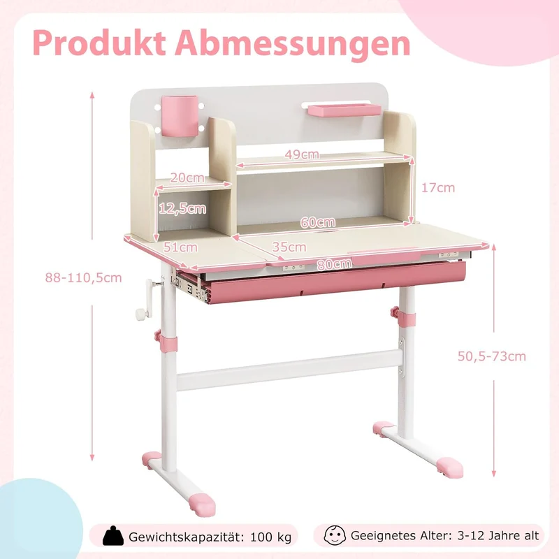 COSTWAY Kinder Schreibtisch höhenverstellbar - neigbare Tischplatte, Regal & Schubladeh