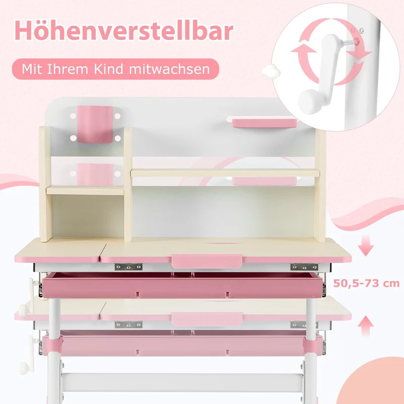 COSTWAY Kinder Schreibtisch höhenverstellbar - neigbare Tischplatte, Regal & Schubladeh