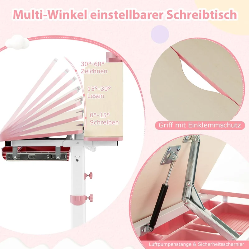 COSTWAY Kinder Schreibtisch höhenverstellbar - neigbare Tischplatte, Regal & Schubladeh