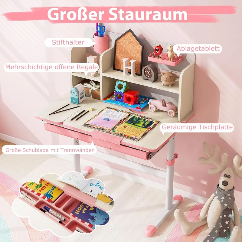 COSTWAY Kinder Schreibtisch höhenverstellbar - neigbare Tischplatte, Regal & Schubladeh