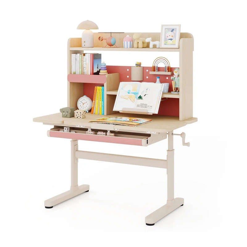 COSTWAY Kinder Schreibtisch höhenverstellbar - neigbare Tischplatte, Regal & Schubladeh