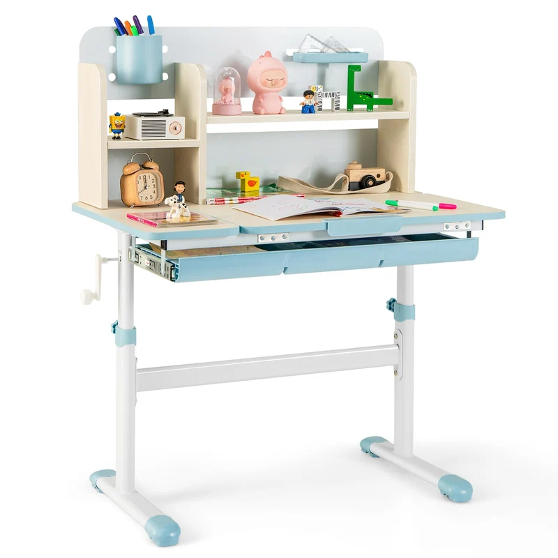 COSTWAY Kinder Schreibtisch höhenverstellbar - neigbare Tischplatte, Regal & Schubladeh