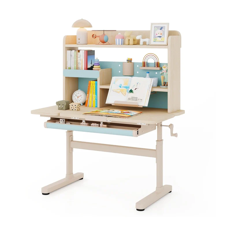 COSTWAY Kinder Schreibtisch höhenverstellbar - neigbare Tischplatte, Regal & Schubladeh