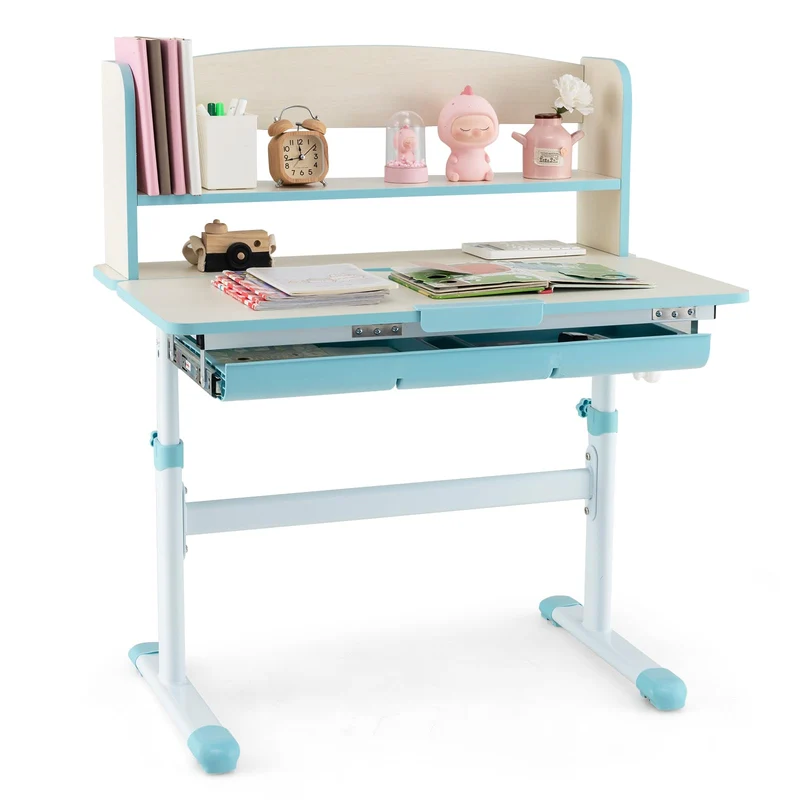 COSTWAY Kinder Schreibtisch höhenverstellbar - neigbare Tischplatte, Regal & Schubladeh