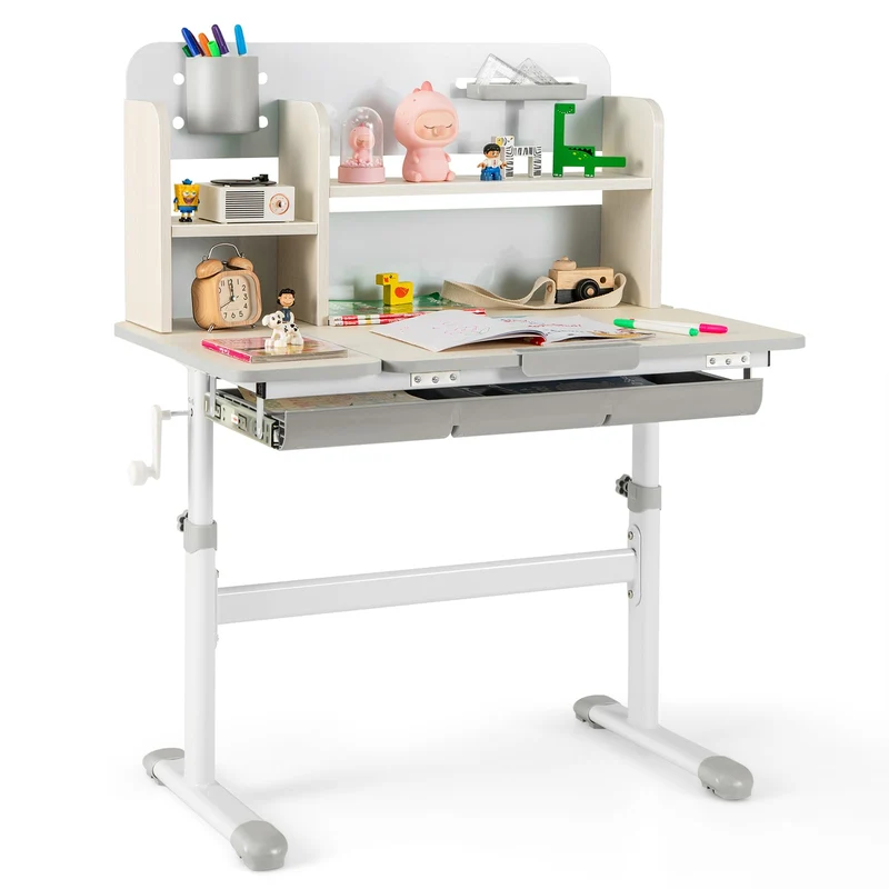 COSTWAY Kinder Schreibtisch höhenverstellbar - neigbare Tischplatte, Regal & Schubladeh