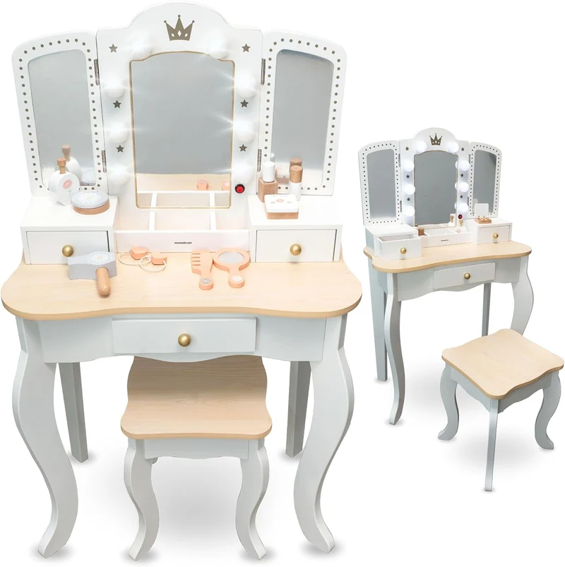 Mamabrum XXL Kinder Schminktisch aus Holz mit LED-Spiegel, Hocker & Beauty Zubehörh