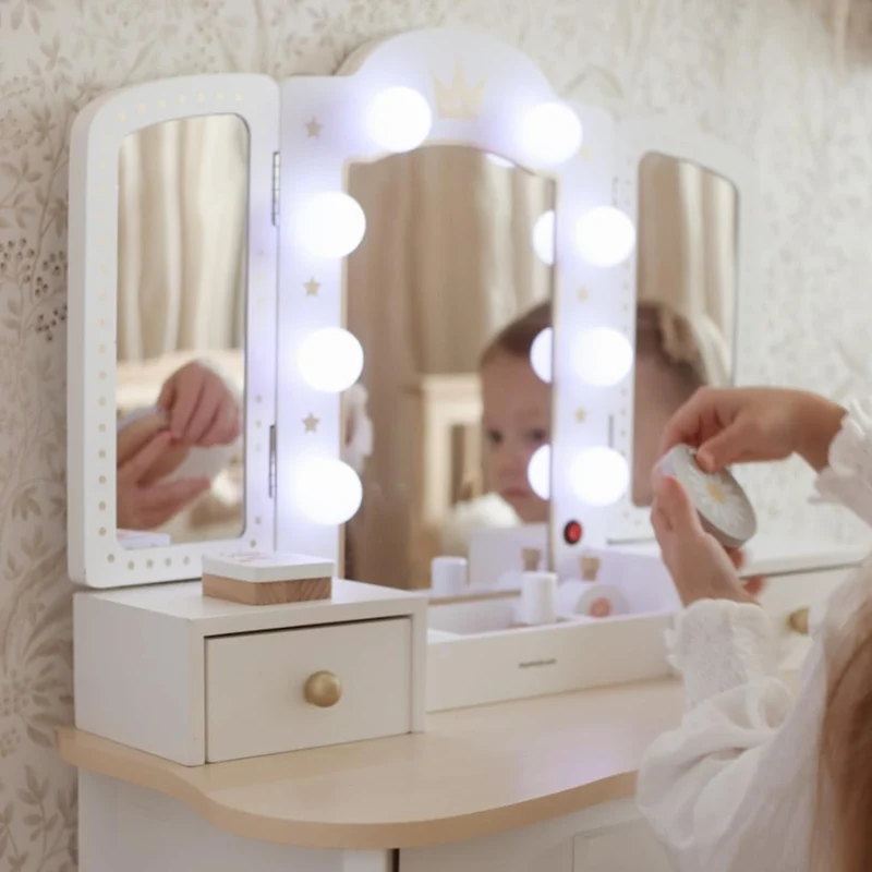 Mamabrum XXL Kinder Schminktisch aus Holz mit LED-Spiegel, Hocker & Beauty Zubehörh